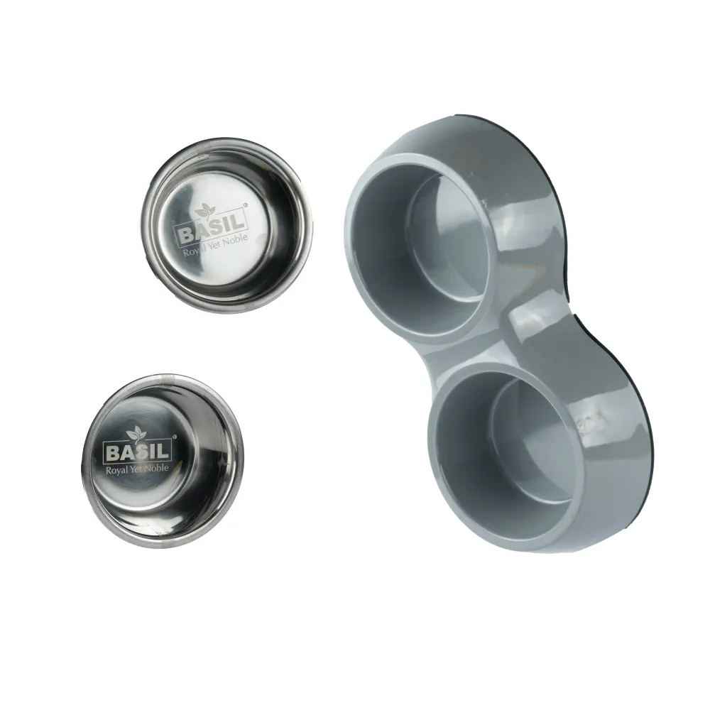 Basil Double Melamine Bowl Dinner Set for Dogs and Cats (Grey)
