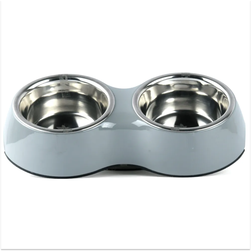 Basil Double Melamine Bowl Dinner Set for Dogs and Cats (Grey)