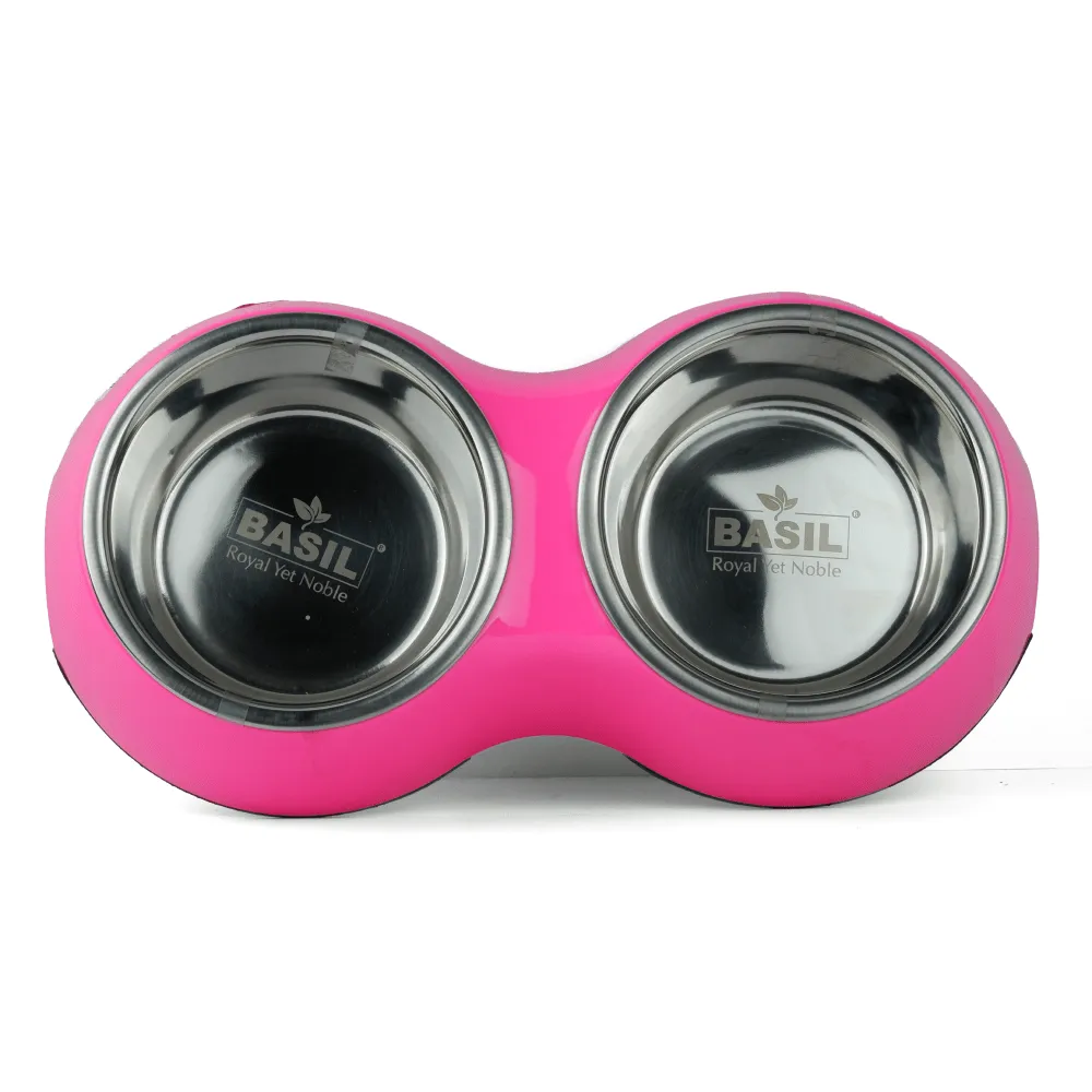 Basil Double Melamine Bowl Dinner Set for Dogs and Cats (Pink)
