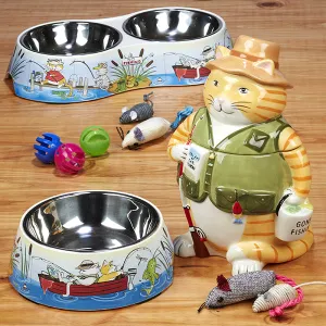Certified International CI 37361 Cats Gone Fishing Double Serve Pet Bowl