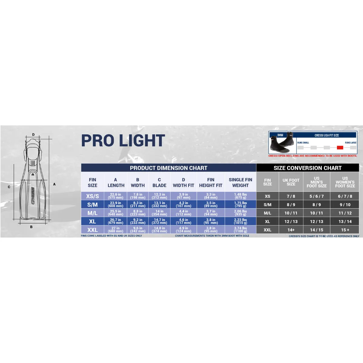 Cressi Pro Light Open Heel Scuba Dive Fins