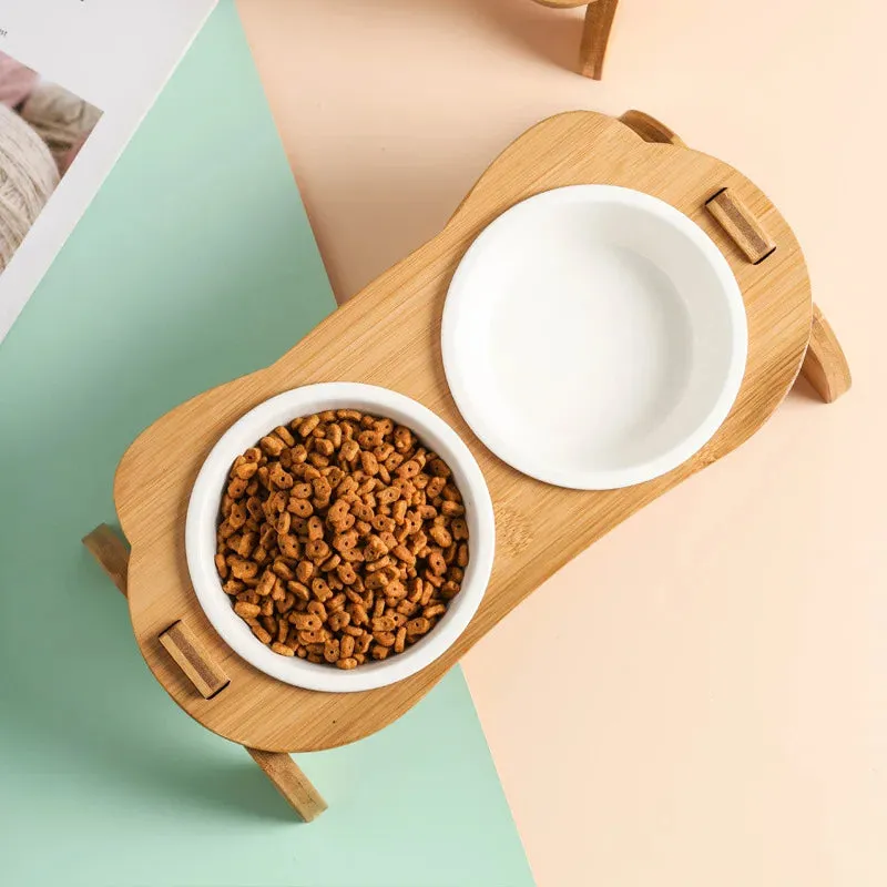 Elevated Bamboo Double Bowls for Cats and Small Dogs - Anti-Leak Design
