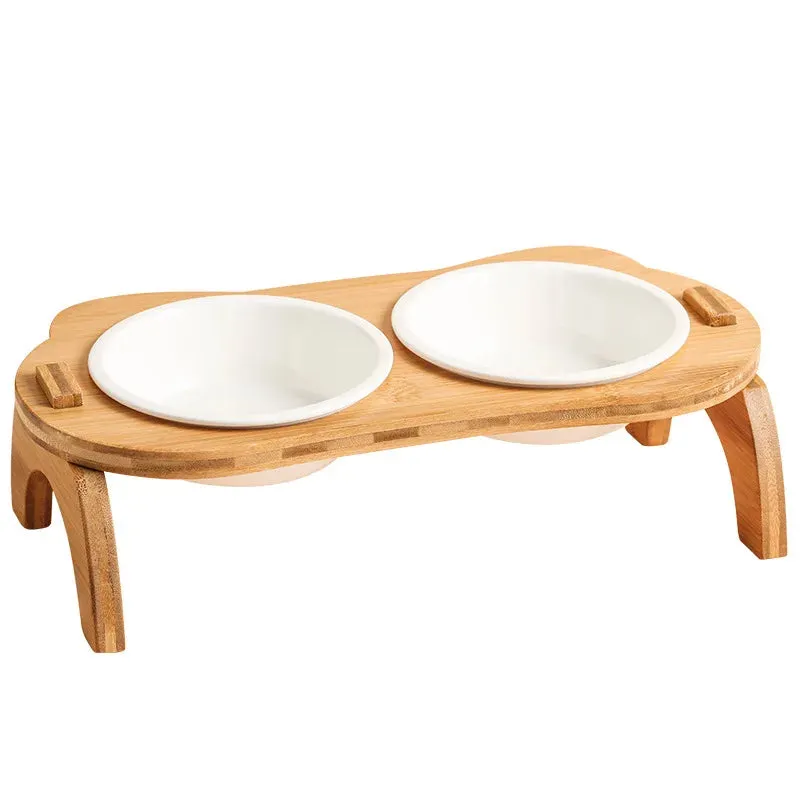 Elevated Bamboo Double Bowls for Cats and Small Dogs - Anti-Leak Design