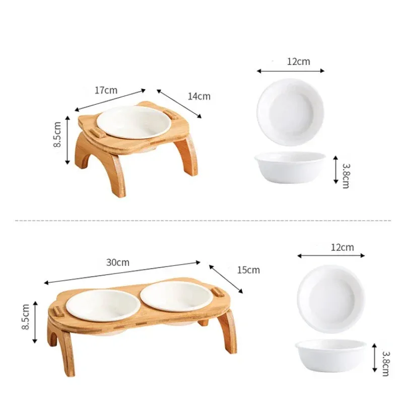 Elevated Bamboo Double Bowls for Cats and Small Dogs - Anti-Leak Design