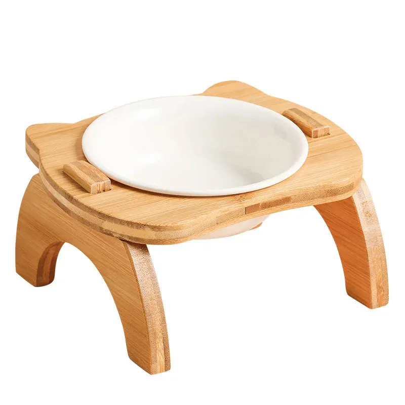 Elevated Bamboo Double Bowls for Cats and Small Dogs - Anti-Leak Design