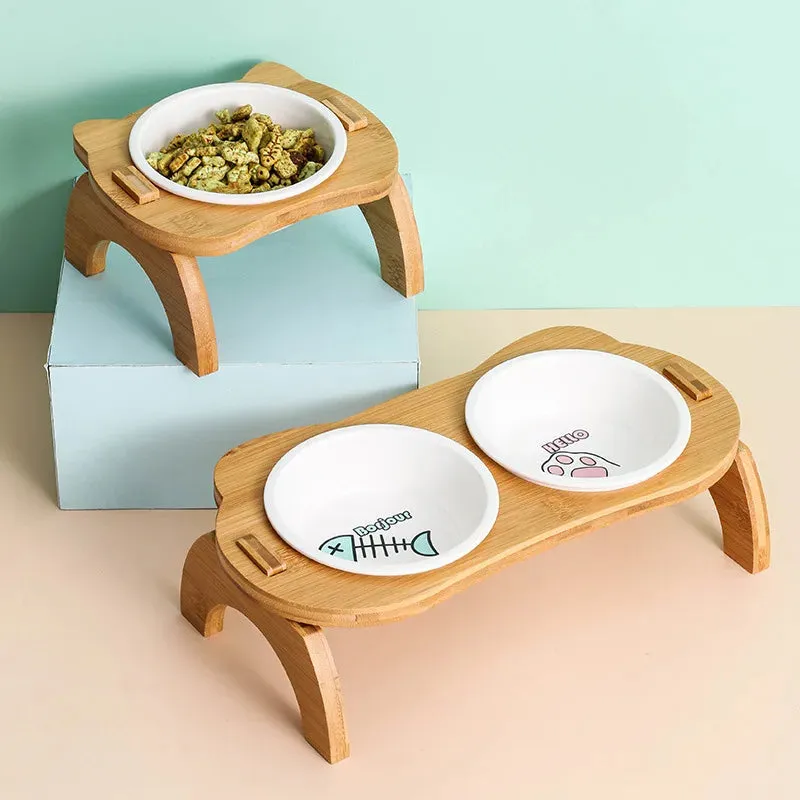 Elevated Bamboo Double Bowls for Cats and Small Dogs - Anti-Leak Design