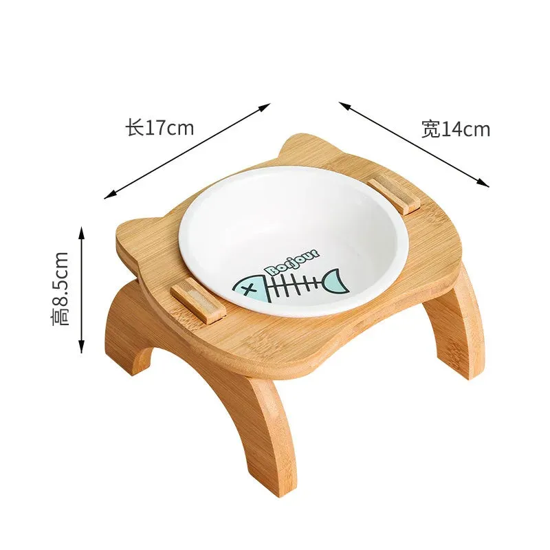 Elevated Bamboo Double Bowls for Cats and Small Dogs - Anti-Leak Design