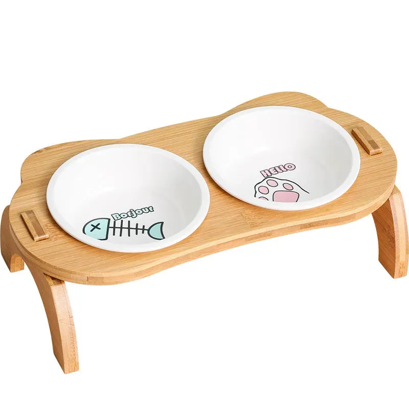 Elevated Bamboo Double Bowls for Cats and Small Dogs - Anti-Leak Design