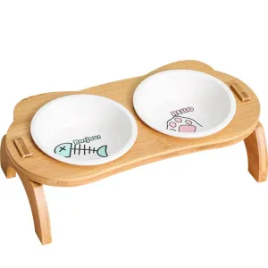 Elevated Bamboo Double Bowls for Cats and Small Dogs - Anti-Leak Design