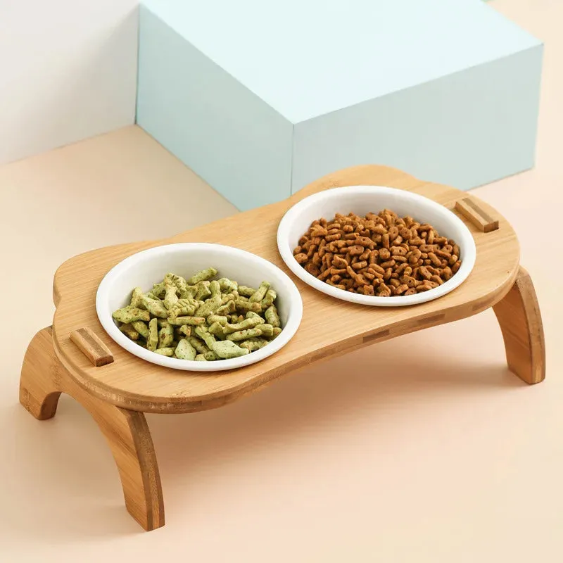 Elevated Bamboo Double Bowls for Cats and Small Dogs - Anti-Leak Design
