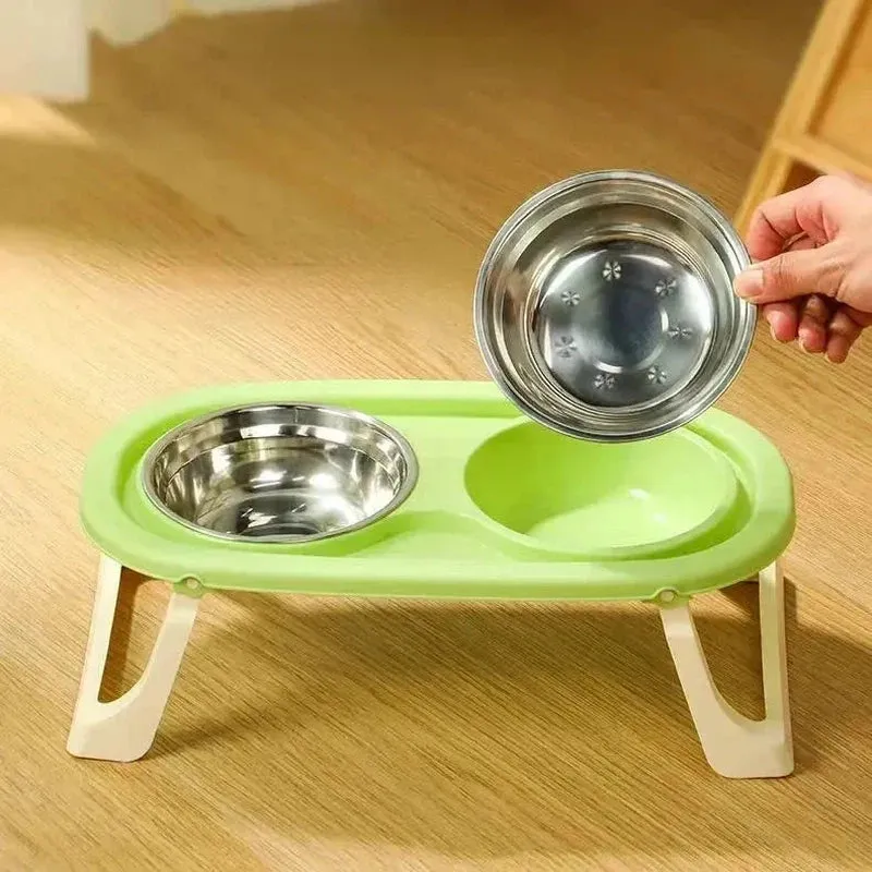 Foldable Double Pet Bowl with Stand