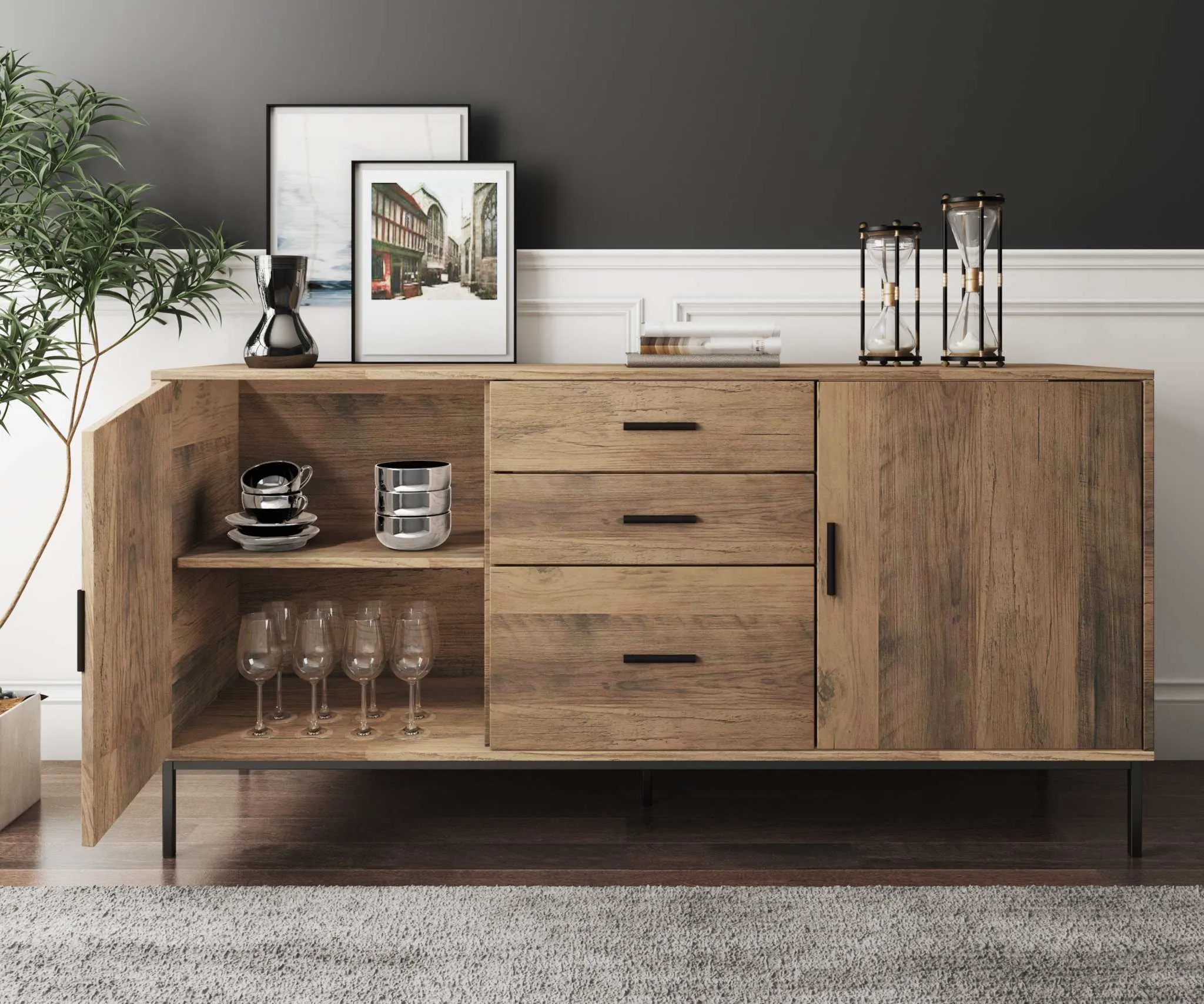 MerryLuk Bronx Buffet Sideboard Cabinet with Pet House Bedside Table Bundle