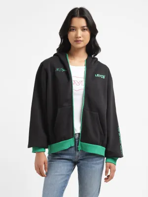 Women's Brand Logo Black Hooded Sweatshirt